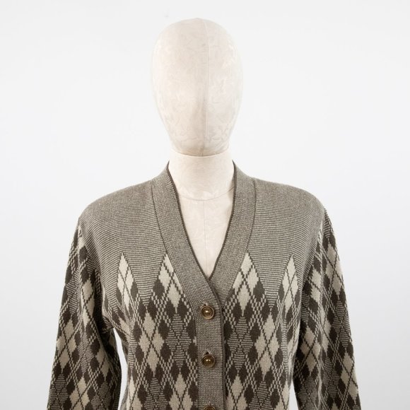 Vintage 80s M Argyle Plaid Print Sweater Brown - Picture 3 of 10